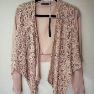 HAZEL Hazel Crochet Lace Front Half Jacket Chiffon Cardigan Long Sleeve Size M